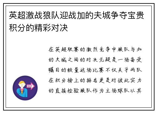 英超激战狼队迎战加的夫城争夺宝贵积分的精彩对决