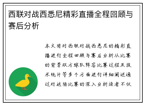 西联对战西悉尼精彩直播全程回顾与赛后分析