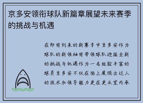 京多安领衔球队新篇章展望未来赛季的挑战与机遇