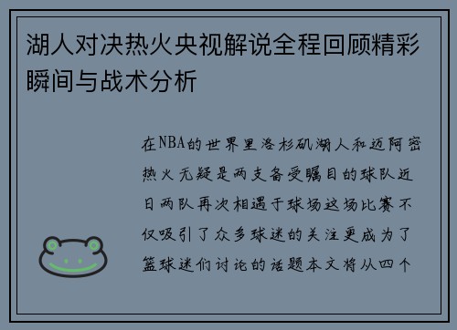 湖人对决热火央视解说全程回顾精彩瞬间与战术分析