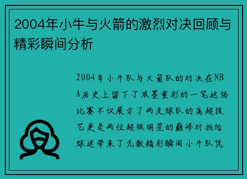2004年小牛与火箭的激烈对决回顾与精彩瞬间分析