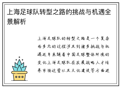上海足球队转型之路的挑战与机遇全景解析
