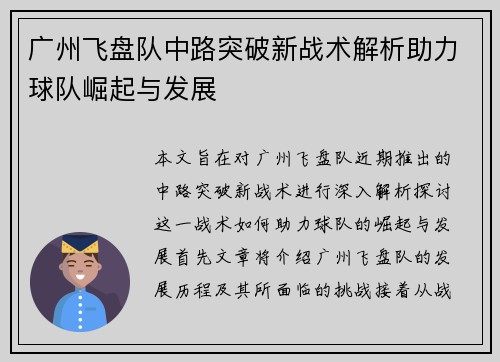 广州飞盘队中路突破新战术解析助力球队崛起与发展